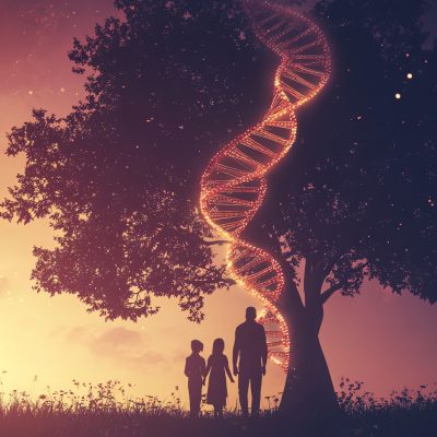 family-three-stand-silhouetted-against-sunset-glowing-dna-helix-them-wrapped-around-tree