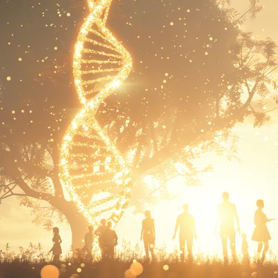 silhouettes-people-stand-before-glowing-tree-with-dna-strand-branches-sunset